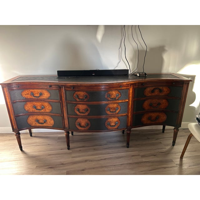 Traditional Late 20th Century Theodore Alexander Large Curved Sideboard / Credenza – Burl Wood & Embossed Metal Insets For Sale - Image 3 of 4