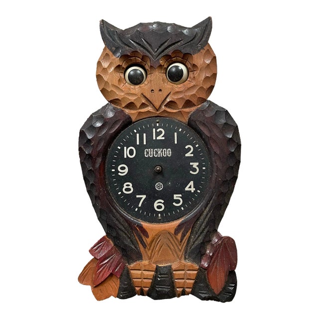 Vintage Wooden Owl 1940s- 1950s Wall Clock For Sale