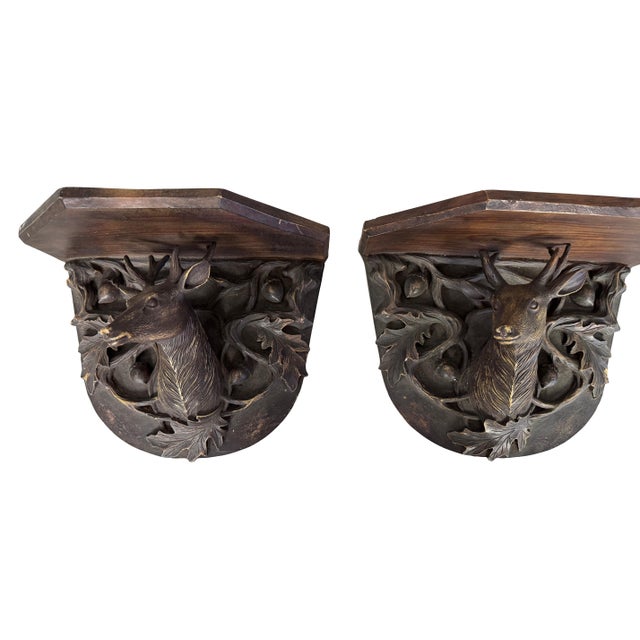 Mid 20th Century Black Forest Style Wall Shelves Featuring Stag Heads and Acorns - A Pair For Sale - Image 17 of 18