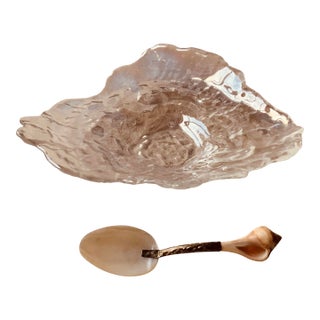 Mid 20th Century Crystal Oyster Shell Caviar Dish With Mother of Pearl & Whelk Shell Spoon For Sale