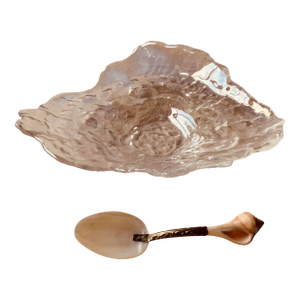 Mid 20th Century Crystal Oyster Shell Caviar Dish With Mother of Pearl & Whelk Shell Spoon