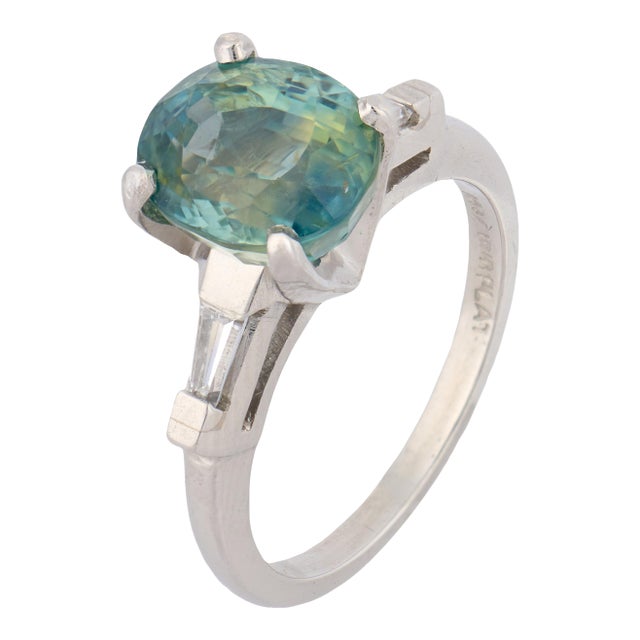 Vintage Gia 4.30 Carat No Heat Teal Sapphire Diamond Platinum Ring, Size 5.25 For Sale