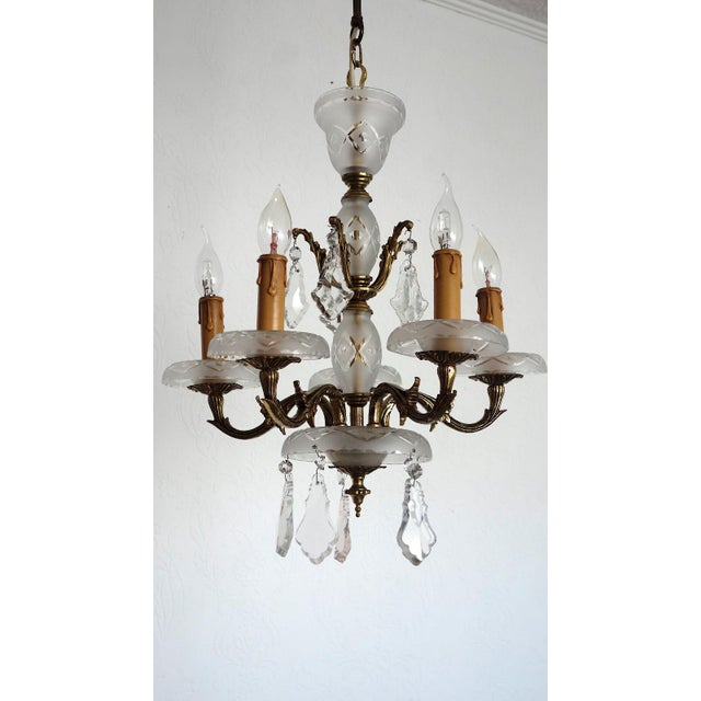Antique French Brass and Glass Five-Light Chandelier, 1930s For Sale - Image 3 of 14