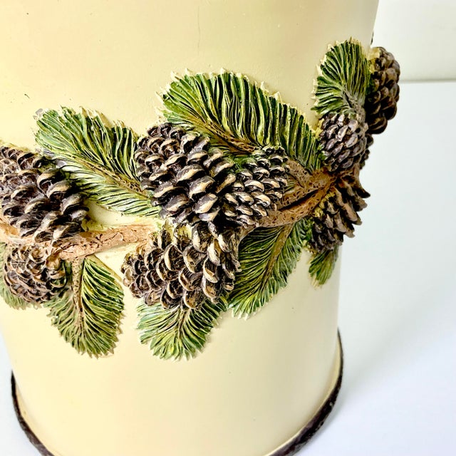 1980s Vintage Arts & Crafts Adirondack Black Forest Pine Cone Accent Wastebasket For Sale - Image 10 of 10