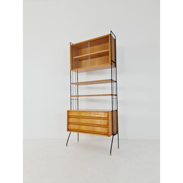 Freestanding string shelf-system unit bookcase Oak & metal by Silverschild Germany, 1950s Measurements: Height : 190 cm...