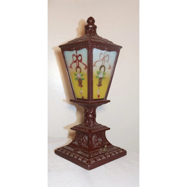 Figurative Pair of Antique Vintage Ornate Reverse Painted Glass Metal Table Boudoir Lamps For Sale - Image 3 of 12