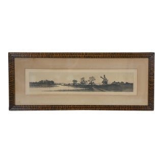 Late 19th Century Antique Henri Le Riche Signed Windmill Riverscape Landscape Etching 26", Framed For Sale