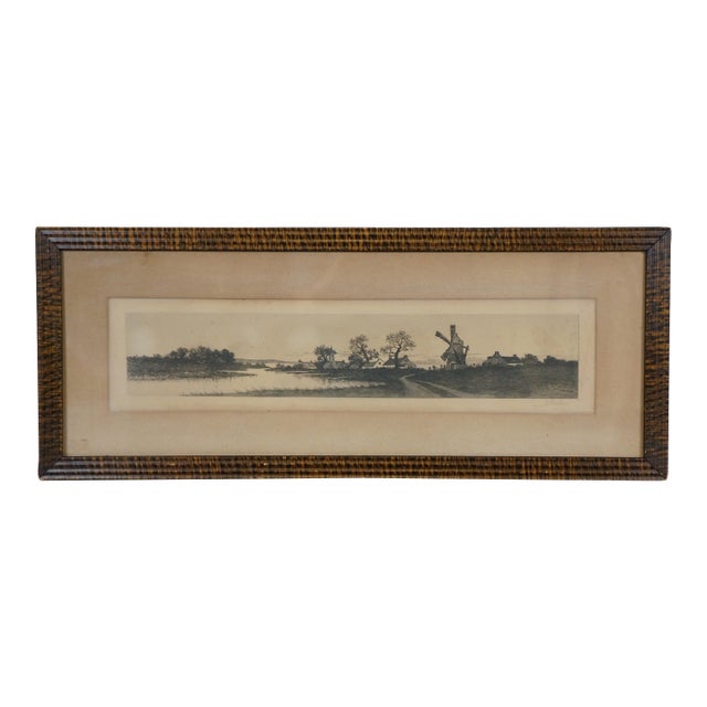 Late 19th Century Antique Henri Le Riche Signed Windmill Riverscape Landscape Etching 26", Framed For Sale