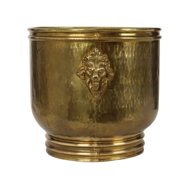 Large Hammered Brass Jardinière Planter with Lion Heads For Sale - Image 3 of 16