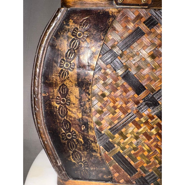 Vintage Boho Chic Woven Bamboo and Mixed Wood Domed Keeper Box Trunk For Sale - Image 11 of 12