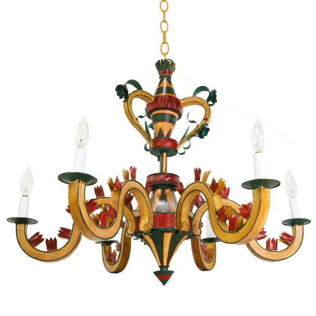 Early 21st Century Vintage Six-Arm Tole Chandelier Hand-Painted in Gold, Green, and Red For Sale - Image 5 of 13