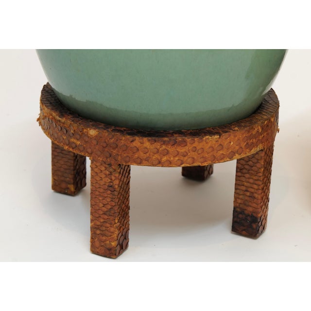 Pair of Vintage Mint Green Ceramic Planters on Wrapped Wood Stands For Sale - Image 16 of 17
