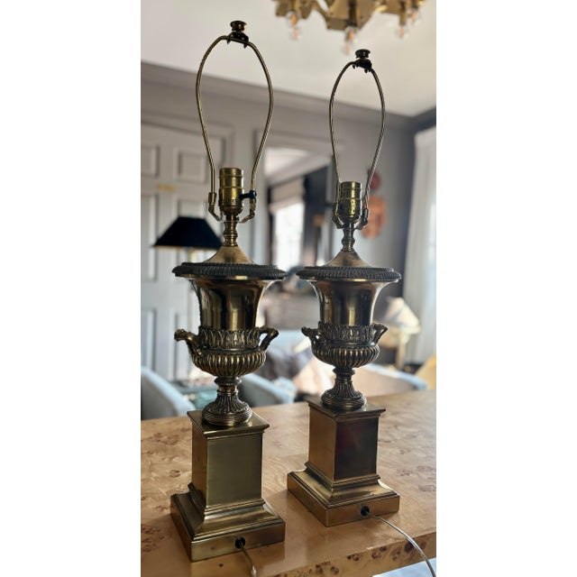 Late 20th Century Classical Heavy Brass Urn and Pedestal Lamps - a Pair For Sale In Raleigh - Image 6 of 9