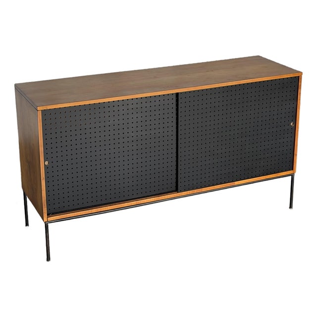 1950s Paul McCobb Planner Group - Model 1514 Iron Base Credenza - Black Sliding Doors For Sale