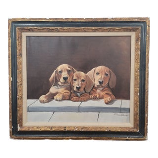 1950s Vintage Daschhound Dogs Oil Painting on Canvas, Framed & Signed For Sale