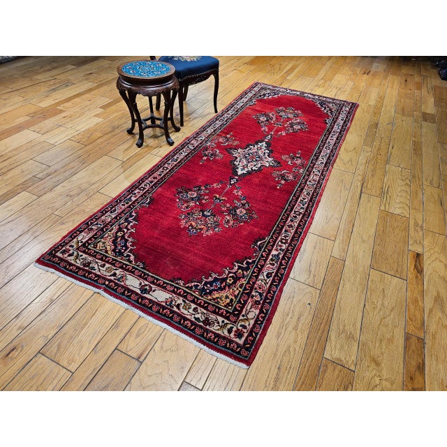 Vintage Persian Hamadan Wide Runner, Hand-Knotted Wool, Open Field Geometric Pattern, Red & Ivory. 4x10 For Sale - Image 9 of 18