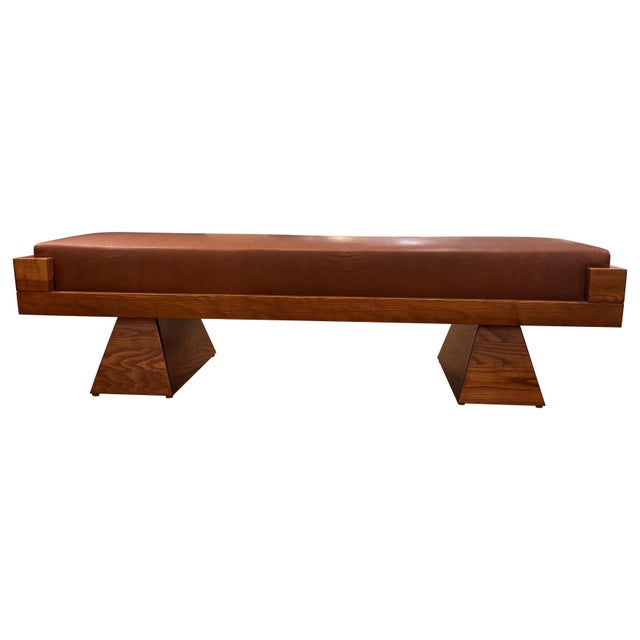 Wood Large Geometric Oak Bench with Nappa Leather Upholstery, 1970s For Sale - Image 7 of 7