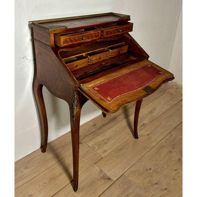 1930s French Louis XV Style Slant Front Secretary Desk with Leather Writing Surface For Sale - Image 14 of 16