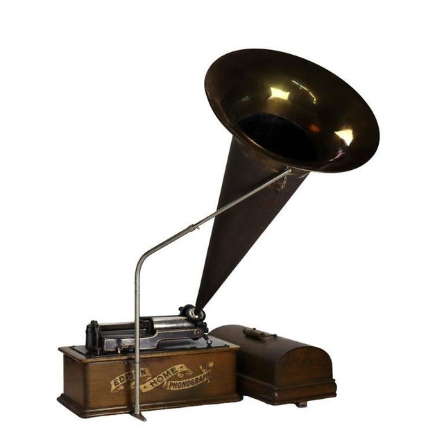 American Antique Edison Home Oak Phonograph With Metal Horn Signed C1900 For Sale - Image 3 of 14