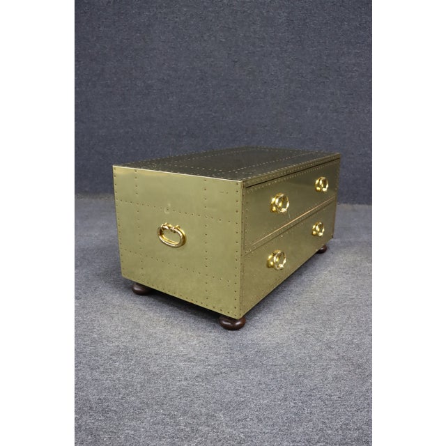 Sarreid Brass Clad Campaign Style Two-Drawer Chest For Sale - Image 11 of 16