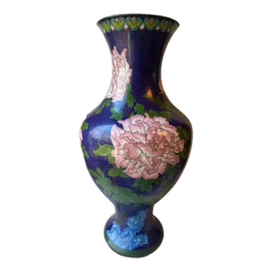 Vintage Large Chinese Cloisonné Blue Vase With Peonies and Bird, 1950s