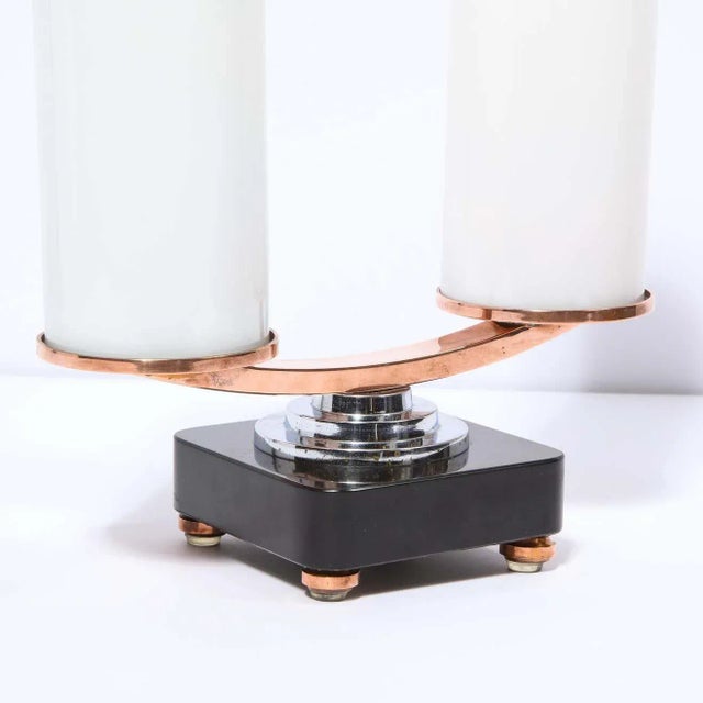 Art Deco Machine Age Skyscraper Style Chrome, Copper & Vitrolite Table Lamp For Sale In New York - Image 6 of 9