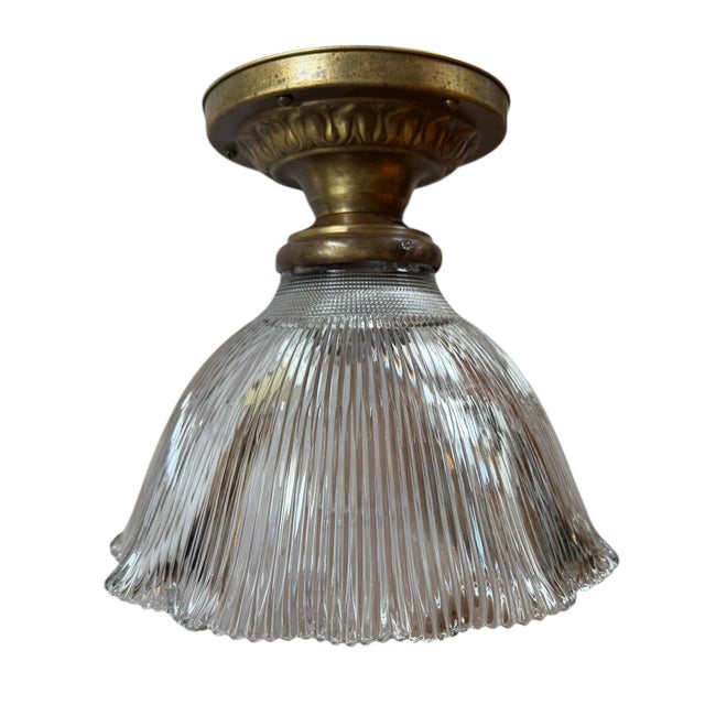 American 1920s Large Scalloped Halophane Ceiling Light With Embossed Brass Canopy For Sale - Image 3 of 4