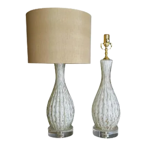 Pair White Copper Bubbles Aventurine Murano Glass Lamps