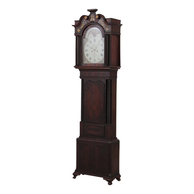 Antique 18th C. English 8 Day Flame Mahogany Grandfather Clock For Sale