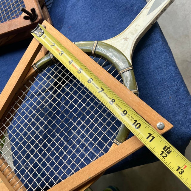 Vintage Trio of Spalding and Slazenger Wooden Tennis Rackets With Guards For Sale - Image 4 of 5