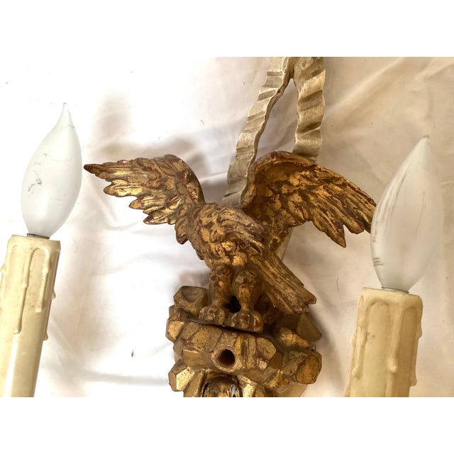 Wood Early 20th C. Hand Carved Continental Parcel Gilt Eagle Motif Wall Sconces - A Pair For Sale - Image 7 of 11
