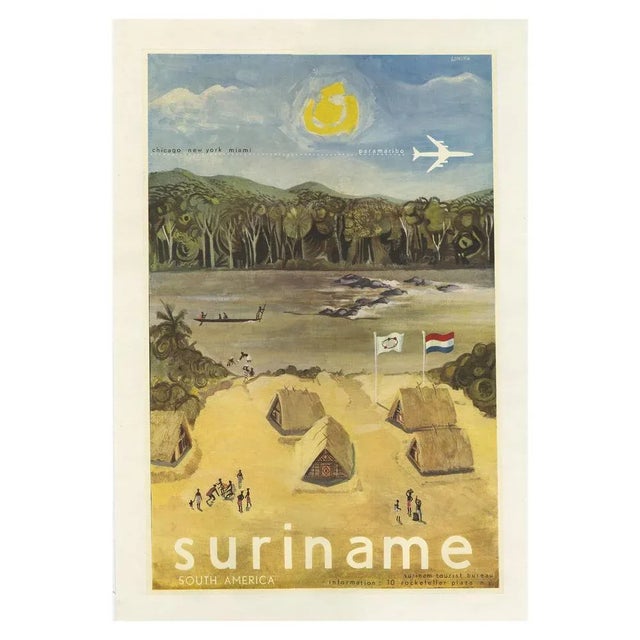 Vintage poster issued by the Suriname Tourist Bureau, circa 1950. It shows a village and a flight route 'Chicago, New...