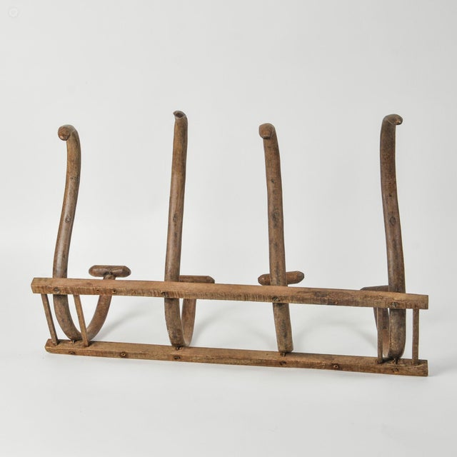 Large Antique Bentwood Coat Rack: Thonet Style Wall Hanging Hat Rack With Four Hooks For Sale - Image 4 of 11