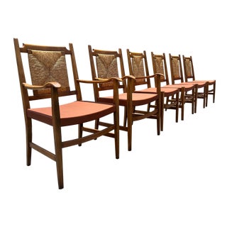 1960s Set of 6 Mid Century Modern Dining Chairs, Leather and Rush For Sale