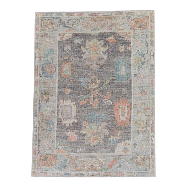 Turkish Oushak Rug Charcoal With Soft Multi Colors Hand-Knotted Wool Rug 5'1" X 6'11" For Sale