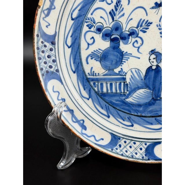Dutch Delft Blue and White Plate with Hand Painted Chinoiserie, 17th Century For Sale - Image 3 of 10