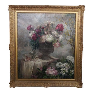 Belgian Floral Bouquet Still Life Oil Painting After Marie De Bievre 52" For Sale