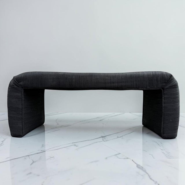 Contemporary Vintage Sculptural Black Upholstered Waterfall Bench For Sale - Image 3 of 10