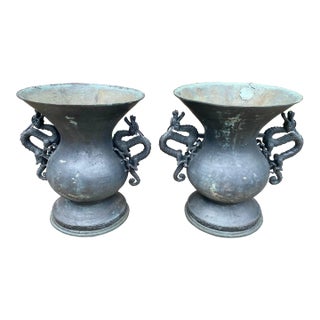 Pair of Bronze Urns With Dragon Handles For Sale