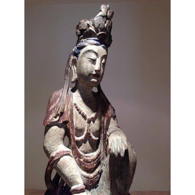 19th Century Pair of Chinese Wood Statues of Bodhisattva Buddhism Art For Sale - Image 9 of 10