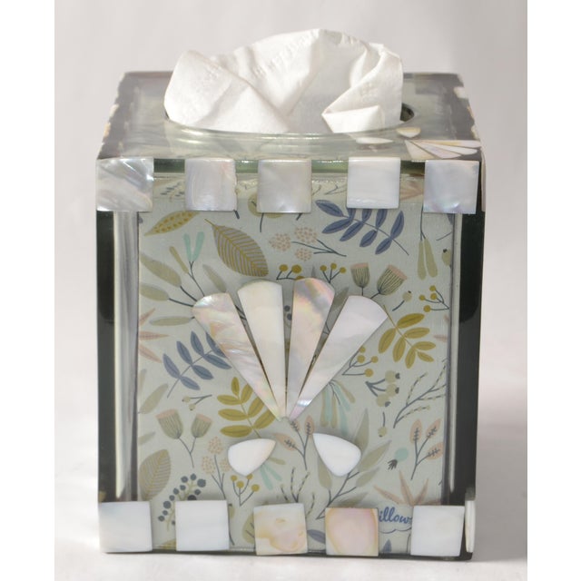 Late 20th Century transparent thick Lucite hand-crafted Cube Tissue Box Cover, Bathroom Accessories with hand-cut Mother...