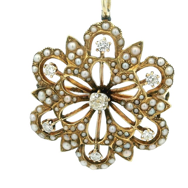 Late 19th Century Late 19th Century Victorian 14k Gold Diamond and Seed Pearl Convertible Pendant Brooch For Sale - Image 5 of 17