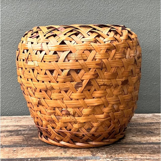 Vintage Woven Rattan Floor Basket For Sale In West Palm - Image 6 of 12
