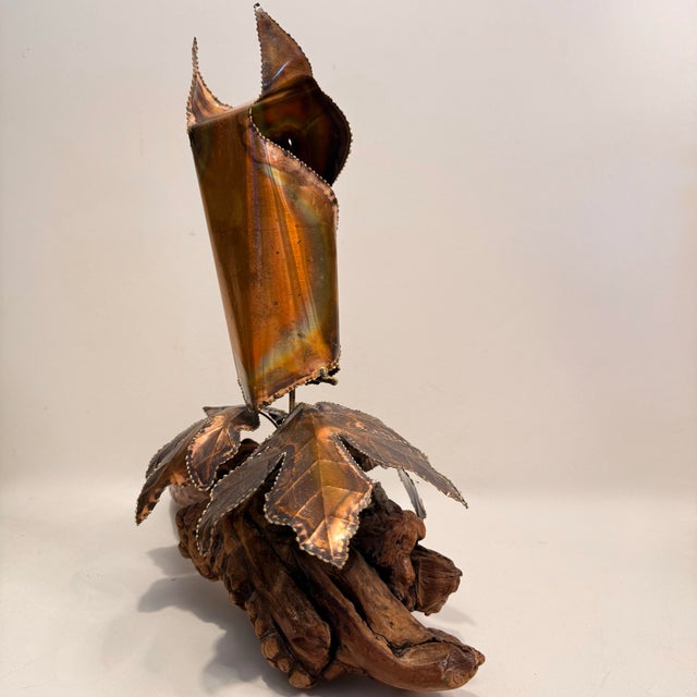 1970s Brutalist Copper Metal Owl Sculpture Perched on Driftwood With Leaves For Sale - Image 4 of 11