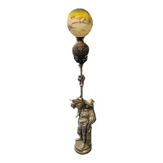 Antique Victorian Figural Parlor Floor Lamp With Hand Painted Shade For Sale
