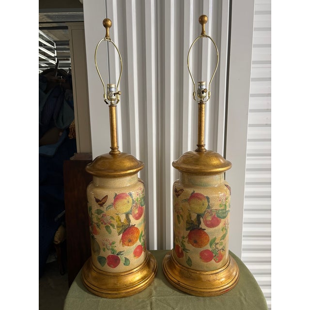 Mid-Century Modern Pair of Crackled Painted Metal Jars Adapted as Lamps on Wood Bases, Late 20th Century For Sale - Image 3 of 9