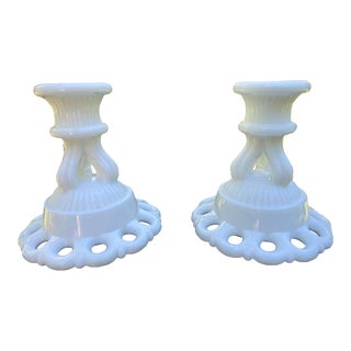 Vintage 1960's Mid-Century Modern Doric Lace Westmoreland Milk Glass Candlesticks - a Pair For Sale