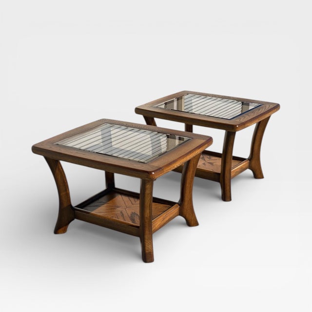 Pair of Late Mid-Century Oak Side Tables With Smoked Glass Tops, Mid-Century Modern, 1970s For Sale - Image 17 of 18