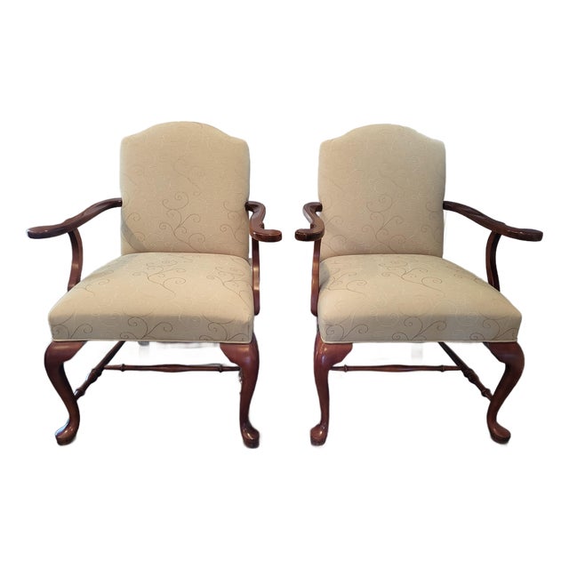 1980s Attributed to Ethan Allen Pair of Upholstered Armchairs Cream Swirls For Sale
