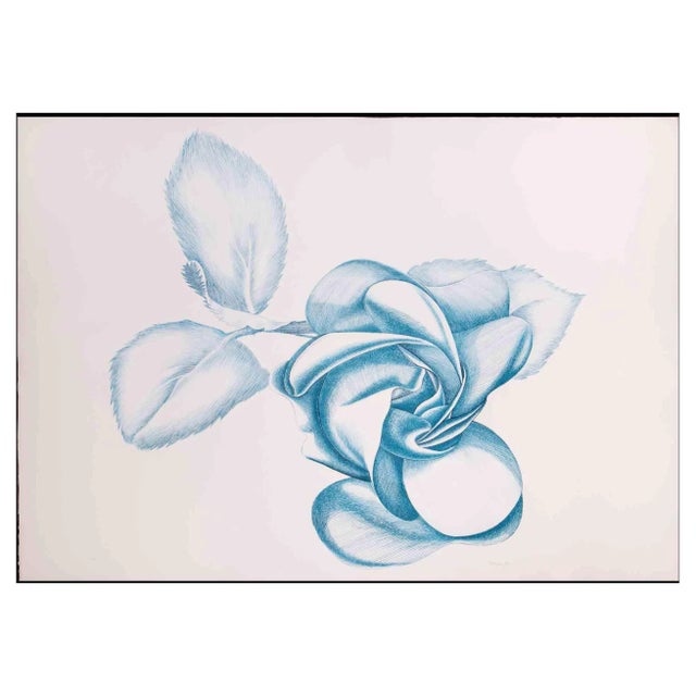 Giacomo Porzano, Blue Rose, Original Etching, 1970s For Sale